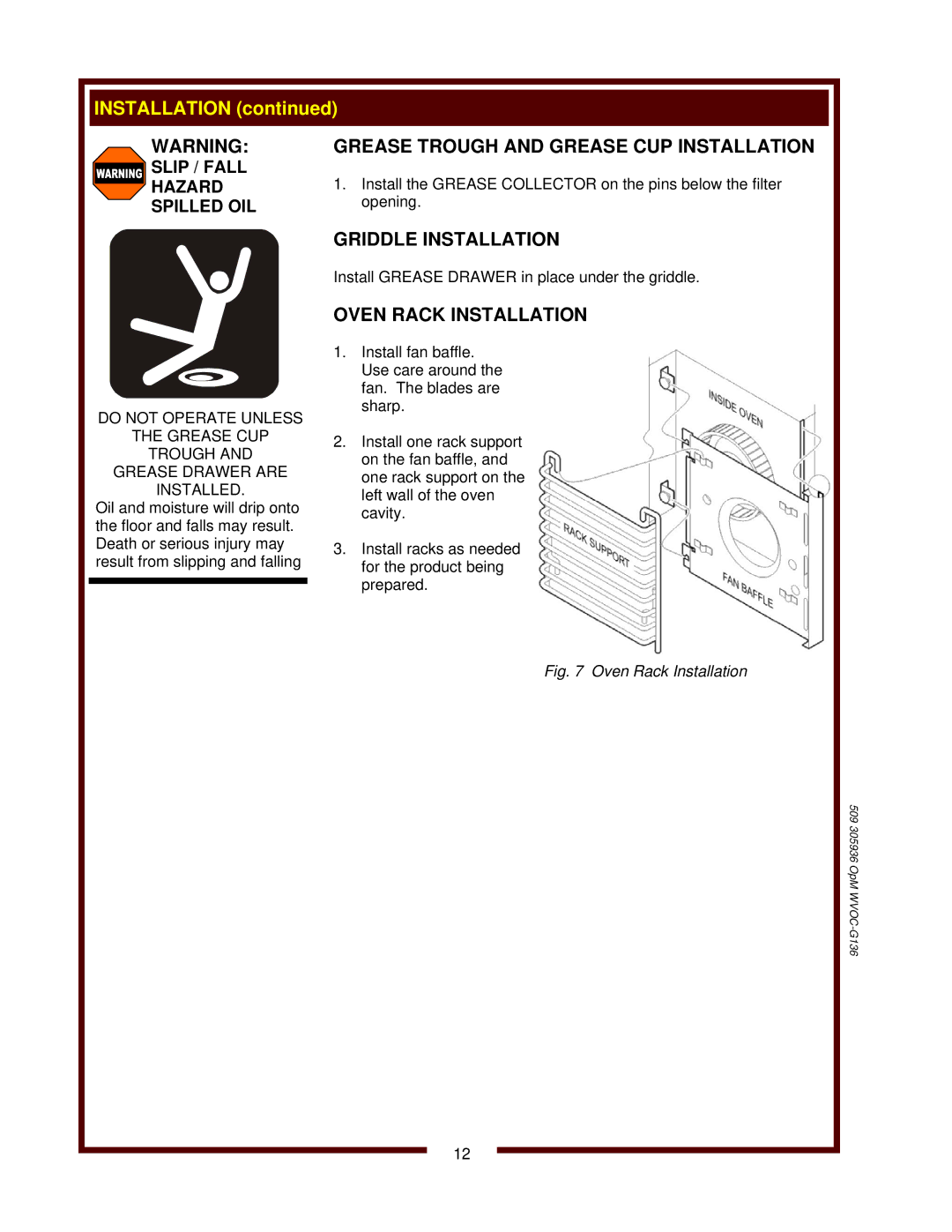 Bloomfield WVOC-G136 Grease Trough and Grease CUP Installation, Griddle Installation, Slip / Fall Hazard Spilled OIL 