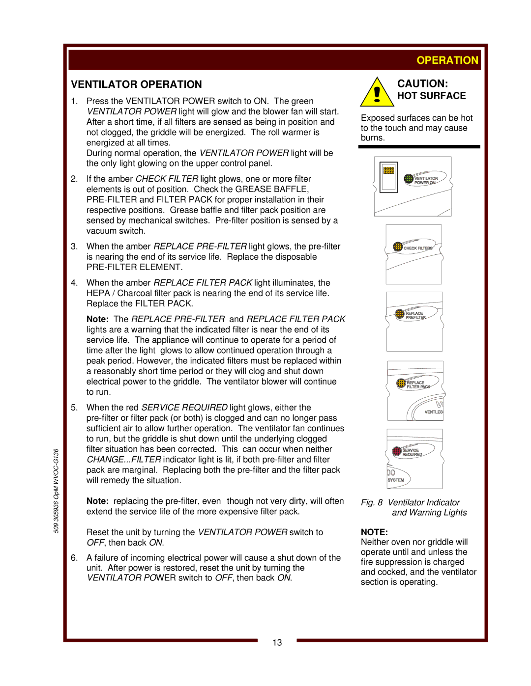 Bloomfield WVOC-G136 operation manual Ventilator Operation, PRE-FILTER Element 