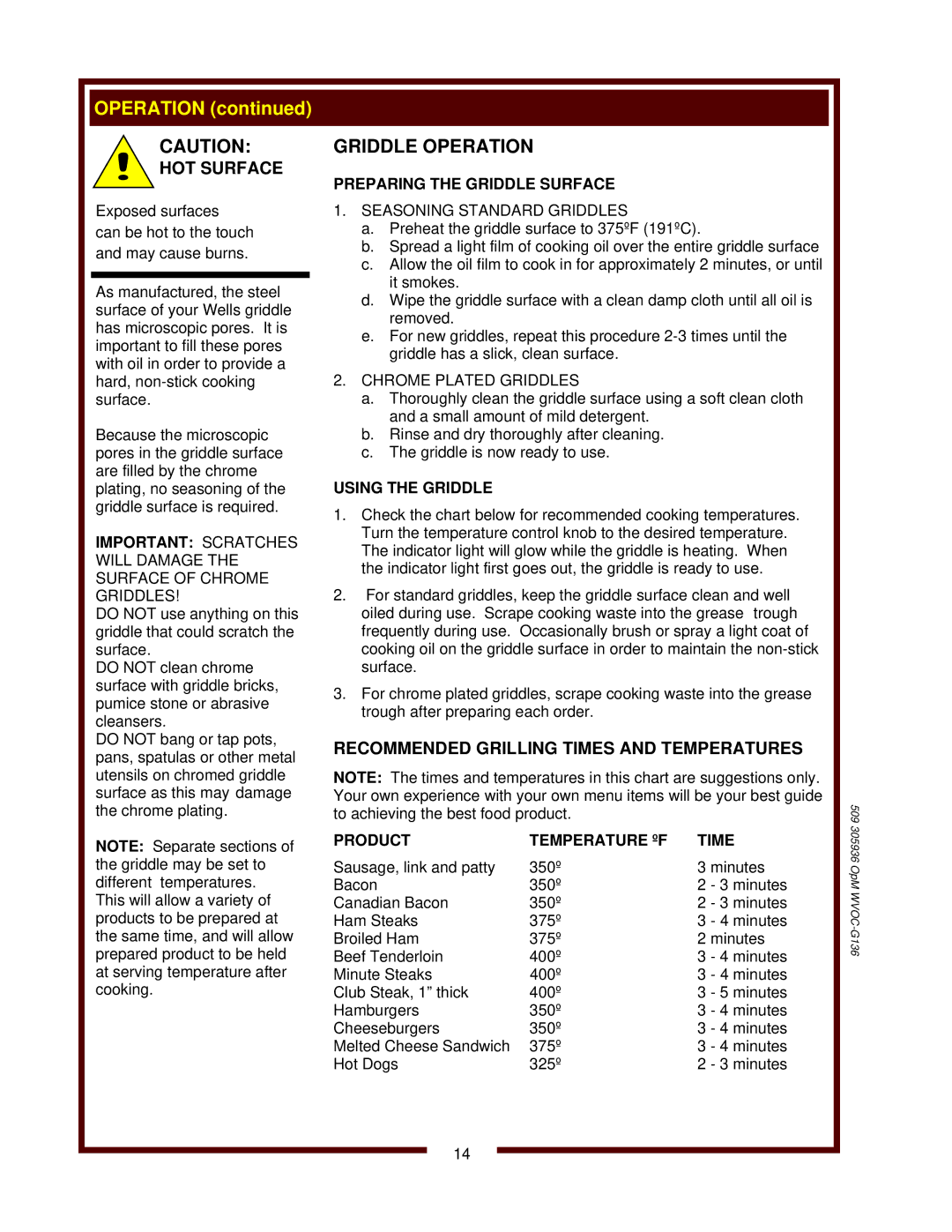 Bloomfield WVOC-G136 operation manual Griddle Operation, Recommended Grilling Times and Temperatures 