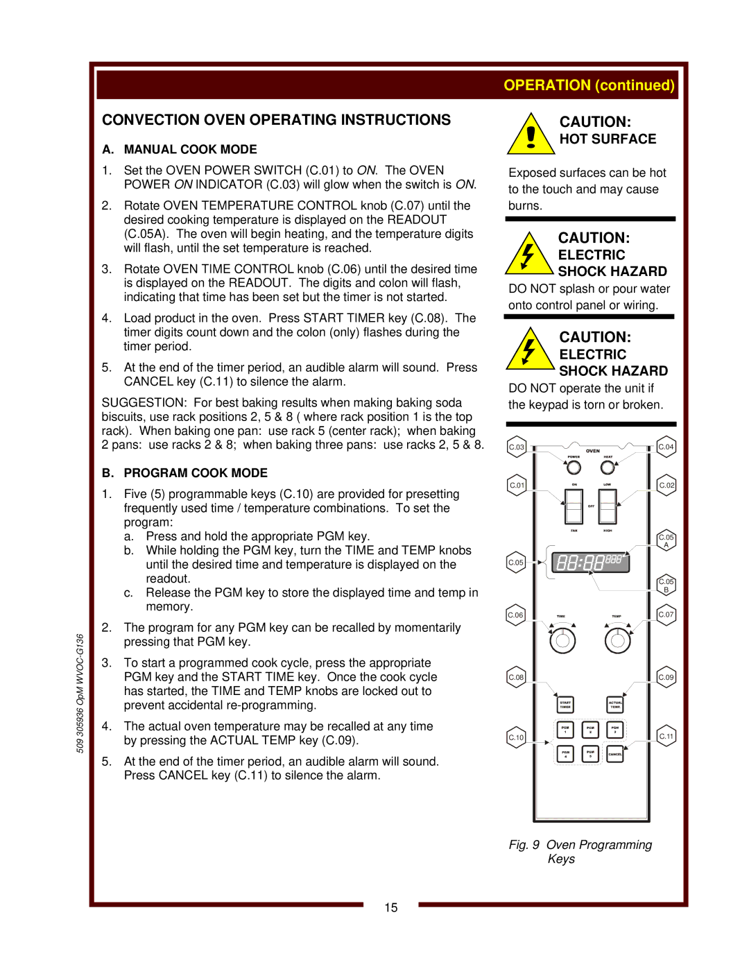 Bloomfield WVOC-G136 operation manual Convection Oven Operating Instructions, Manual Cook Mode, Program Cook Mode 