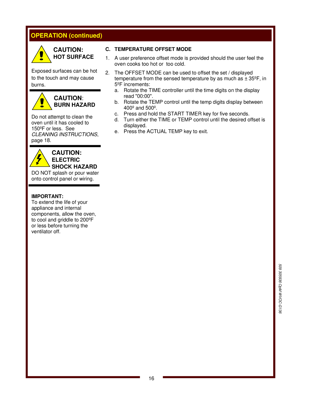 Bloomfield WVOC-G136 operation manual Burn Hazard, Temperature Offset Mode 