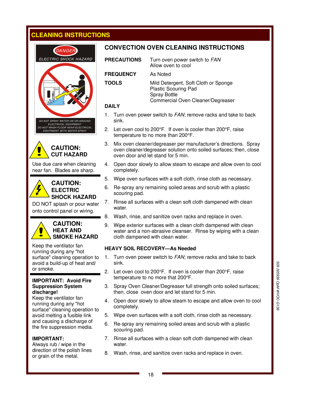 Bloomfield WVOC-G136 operation manual Convection Oven Cleaning Instructions, CUT Hazard, Heat Smoke Hazard 