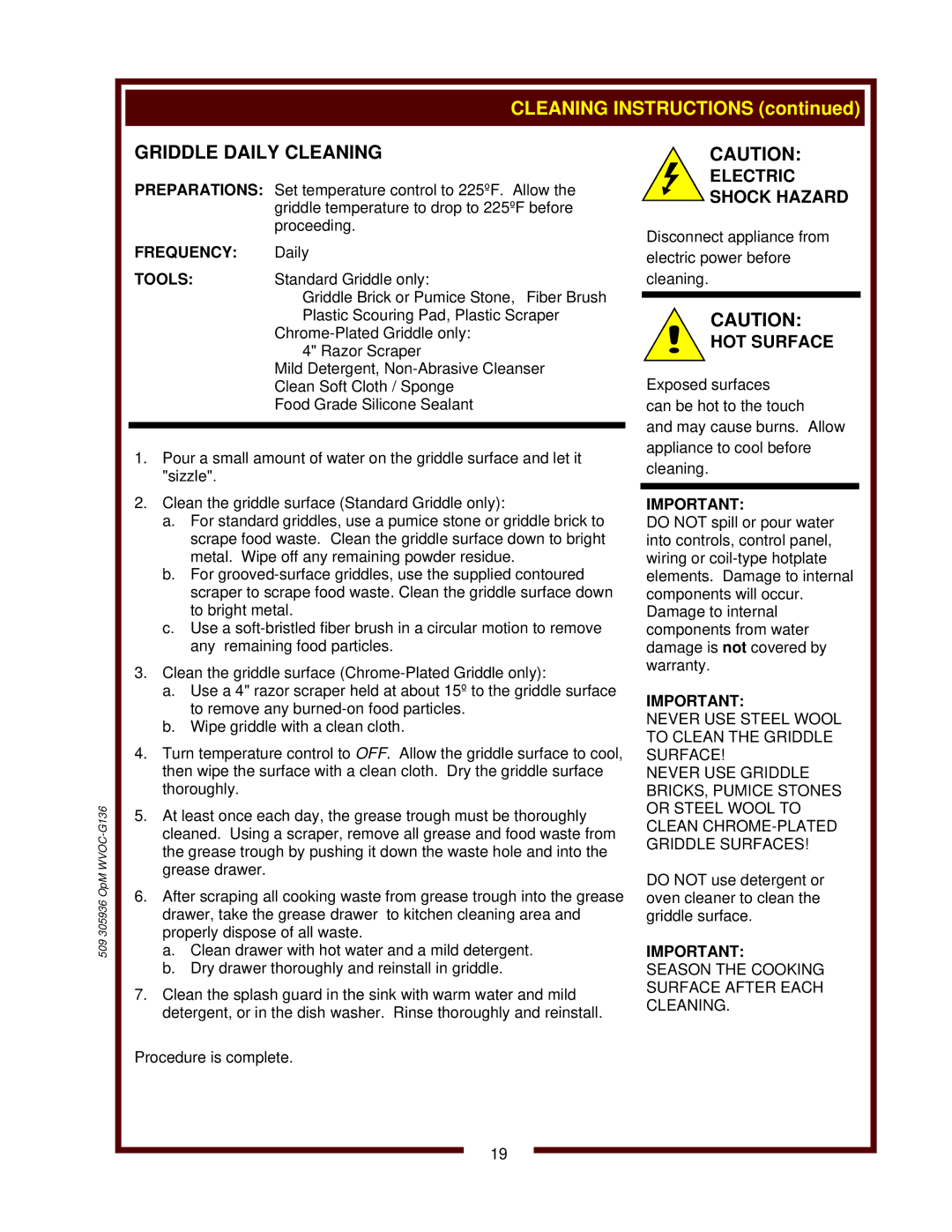 Bloomfield WVOC-G136 operation manual Cleaning Instructions 