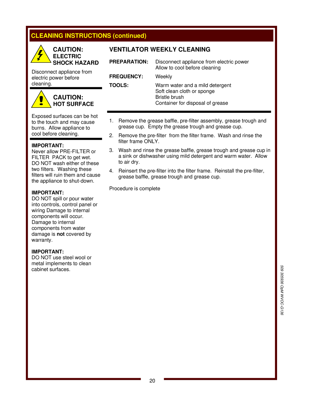 Bloomfield WVOC-G136 operation manual Ventilator Weekly Cleaning, Frequency Weekly 