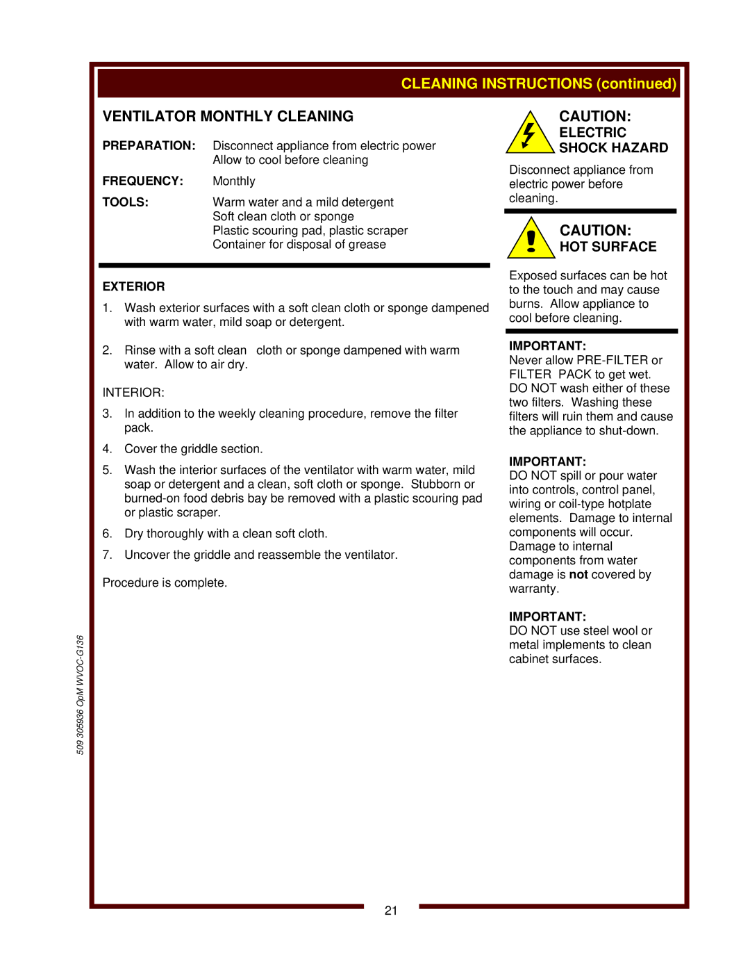 Bloomfield WVOC-G136 operation manual Ventilator Monthly Cleaning, Exterior, Interior 