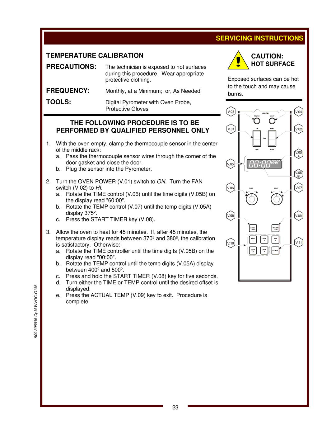 Bloomfield WVOC-G136 operation manual Servicing Instructions, Temperature Calibration 