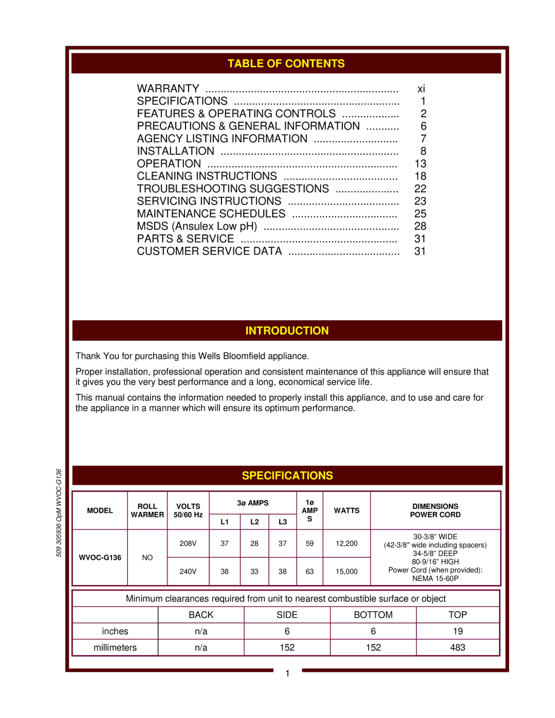 Bloomfield WVOC-G136 operation manual Introduction, Back Side Bottom TOP 
