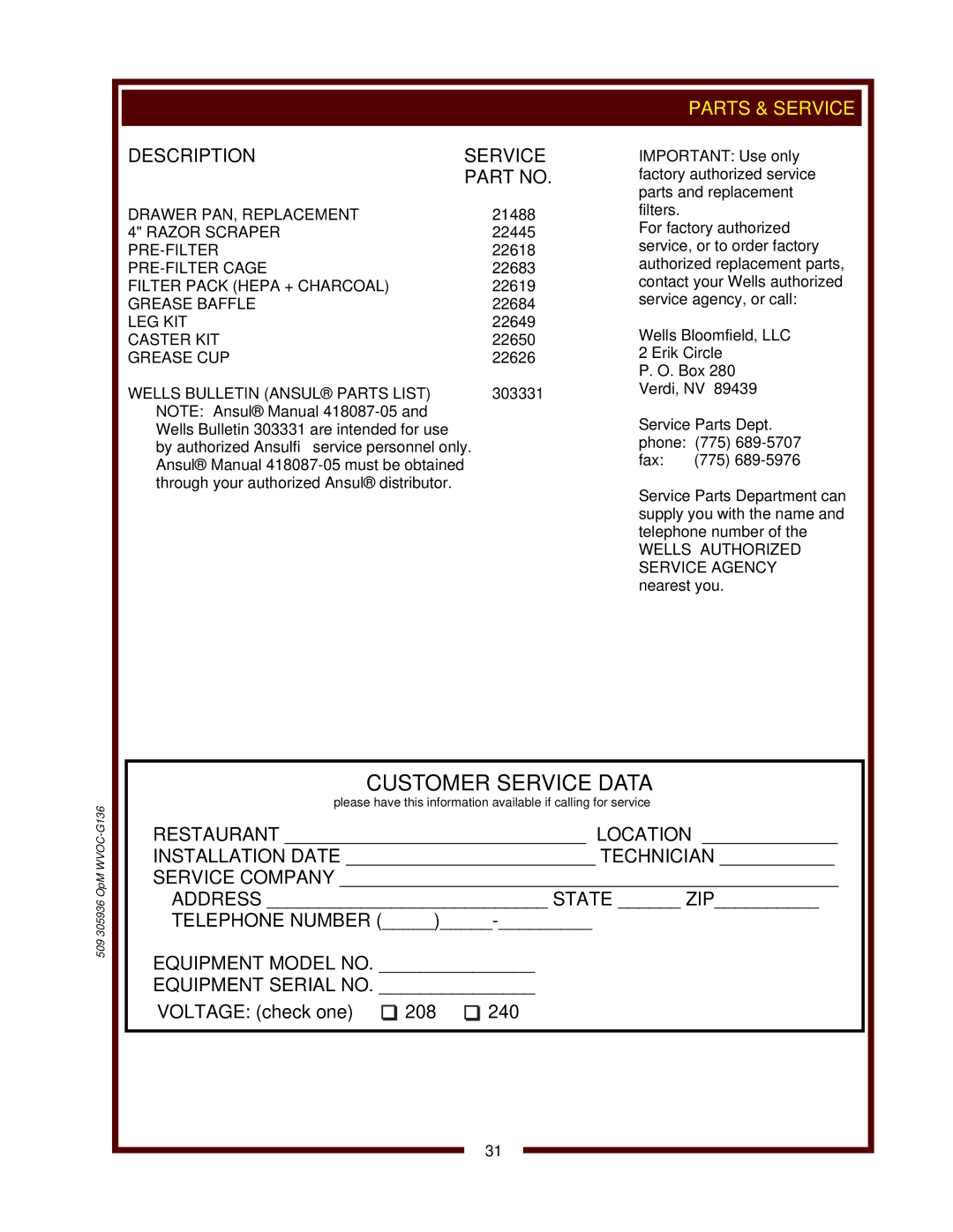 Bloomfield WVOC-G136 operation manual Wells Bloomfield, LLC 