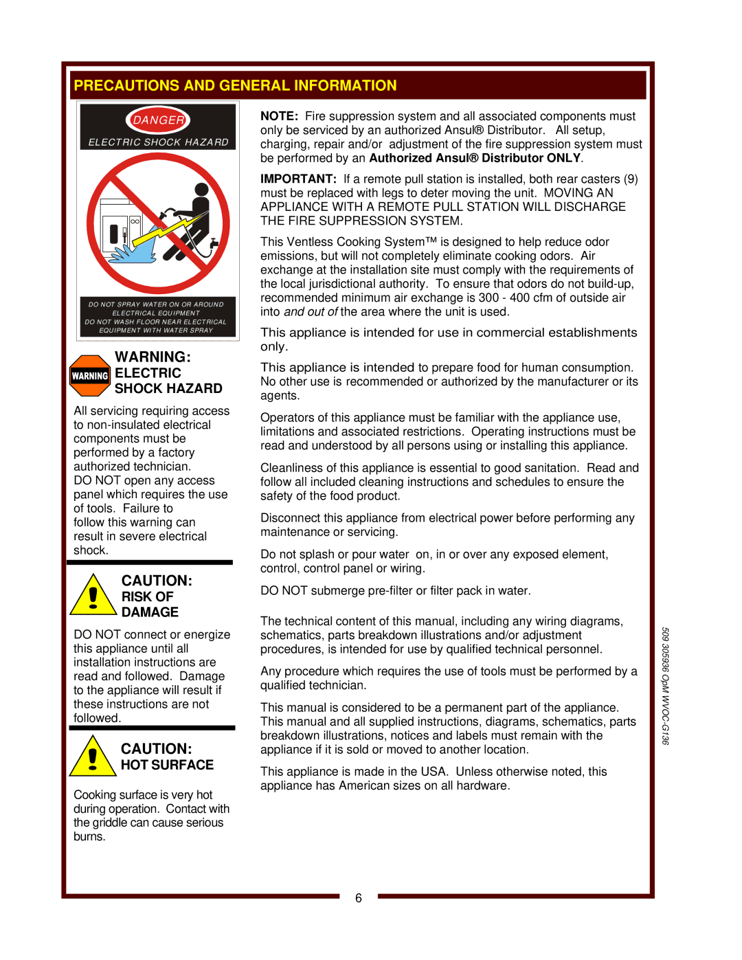 Bloomfield WVOC-G136 operation manual Electric Shock Hazard, Risk Damage, HOT Surface 