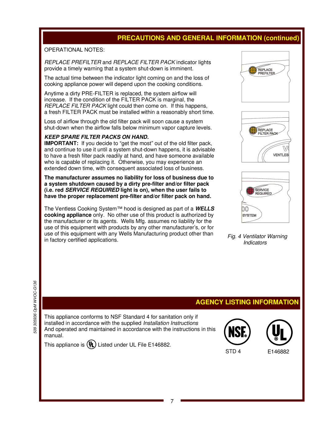 Bloomfield WVOC-G136 operation manual Ventilator Warning Indicators, Std 