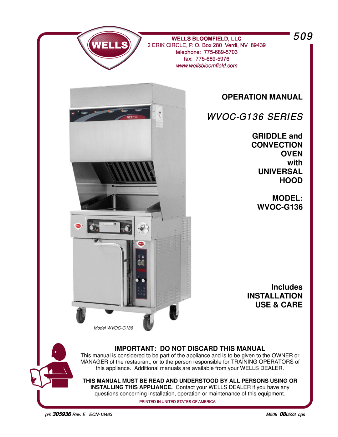 Bloomfield WVOC-G136 operation manual GRIDDLE and CONVECTION OVEN with UNIVERSAL HOOD, Wells Bloomfield, Llc, fax 