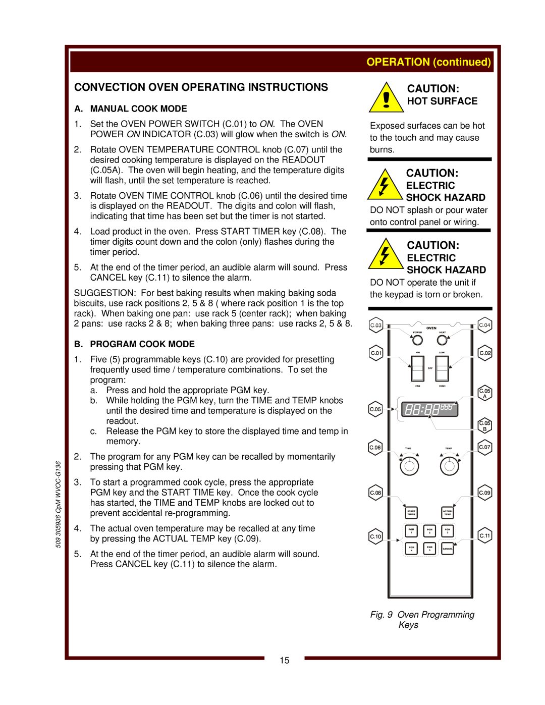 Bloomfield WVOC-G136 Convection Oven Operating Instructions, A. Manual Cook Mode, B. Program Cook Mode, Hot Surface 