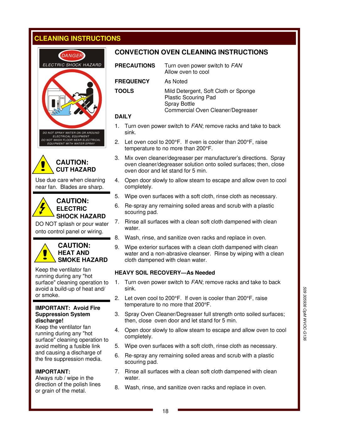 Bloomfield WVOC-G136 Convection Oven Cleaning Instructions, Cut Hazard, Heat And Smoke Hazard, Precautions, Frequency 