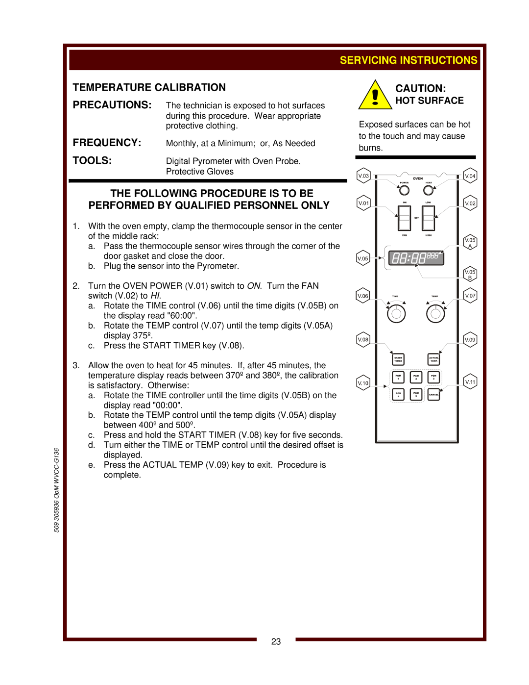 Bloomfield WVOC-G136 operation manual Servicing Instructions, Temperature Calibration, Hot Surface 