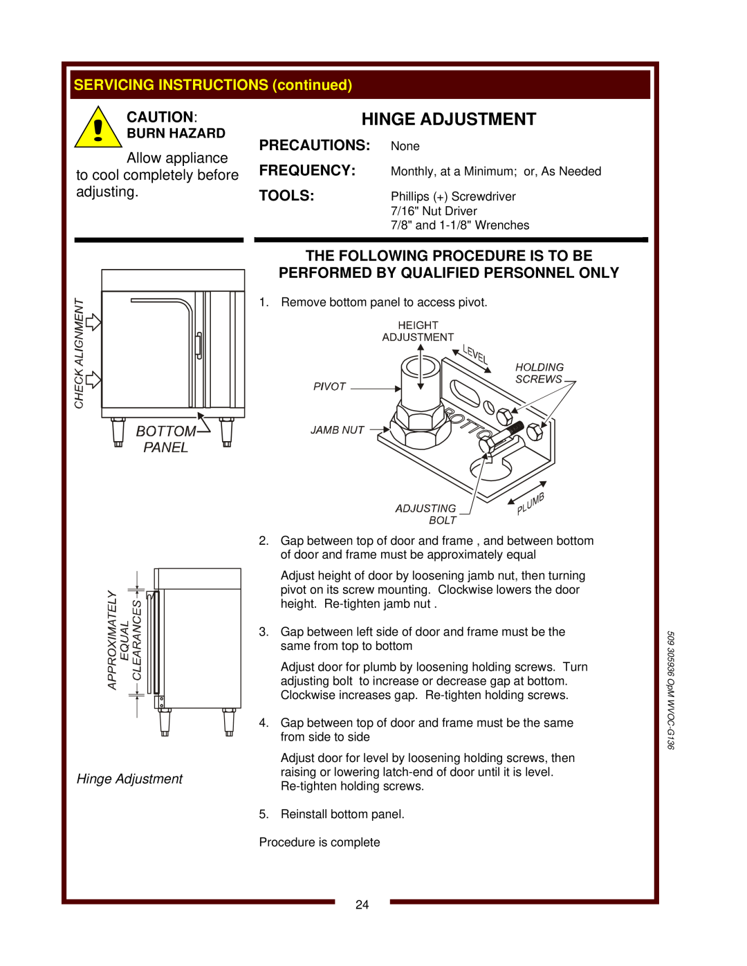 Bloomfield WVOC-G136 Hinge Adjustment, SERVICING INSTRUCTIONS continued, Precautions, Frequency, Tools, Burn Hazard 