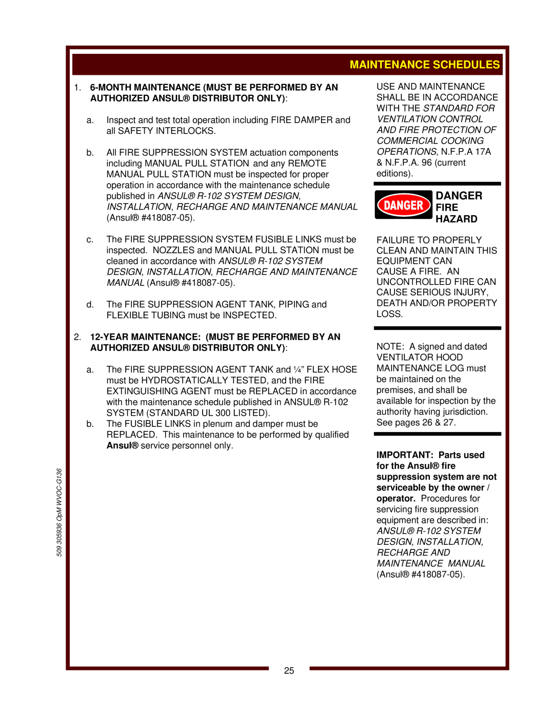 Bloomfield WVOC-G136 operation manual Maintenance Schedules, Danger, Fire Hazard 