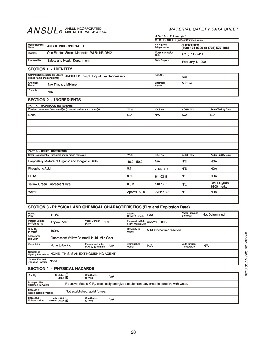 Bloomfield WVOC-G136 Ansul, Material Safety Data Sheet, Identity, Ingredients, Physical Hazards, ANSULEX Low pH, Chemtrec 