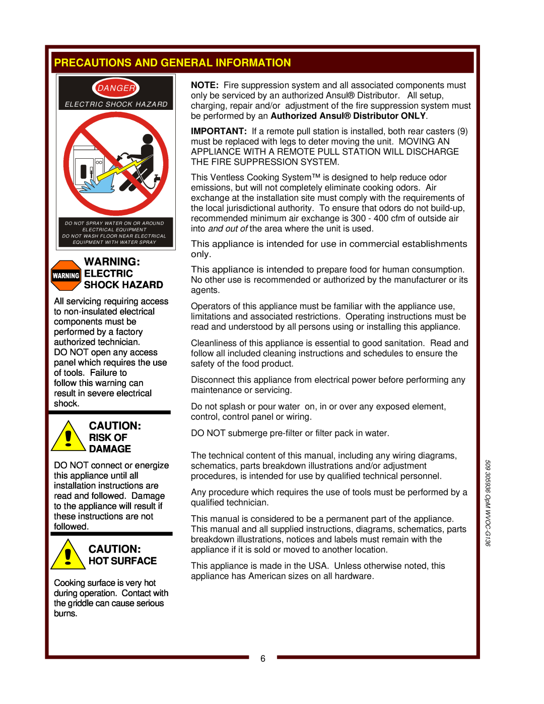Bloomfield WVOC-G136 operation manual Electric Shock Hazard, Risk Of Damage, Hot Surface 
