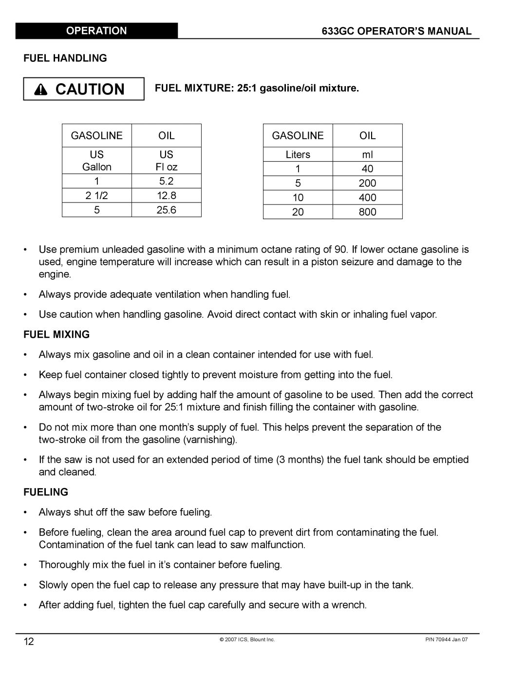 Blount manual Operation 633GC OPERATOR’S Manual, Fuel Handling, Fuel Mixing, Fueling 