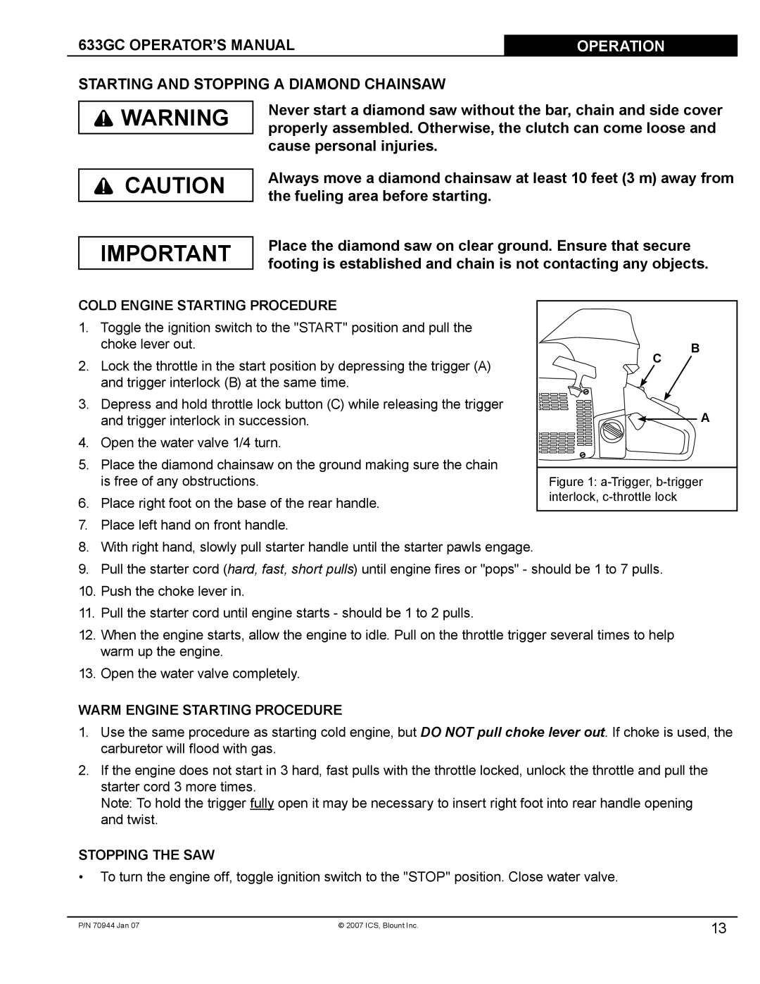 Blount 633GC manual Operation, Starting and Stopping a Diamond Chainsaw 