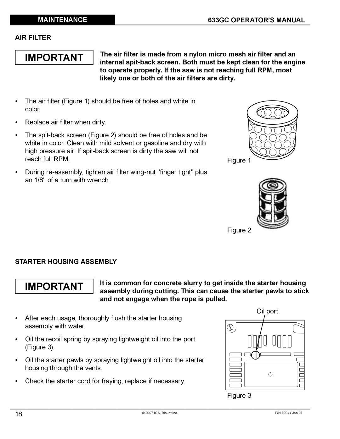 Blount manual Maintenance 633GC OPERATOR’S Manual, AIR Filter, Starter Housing Assembly 