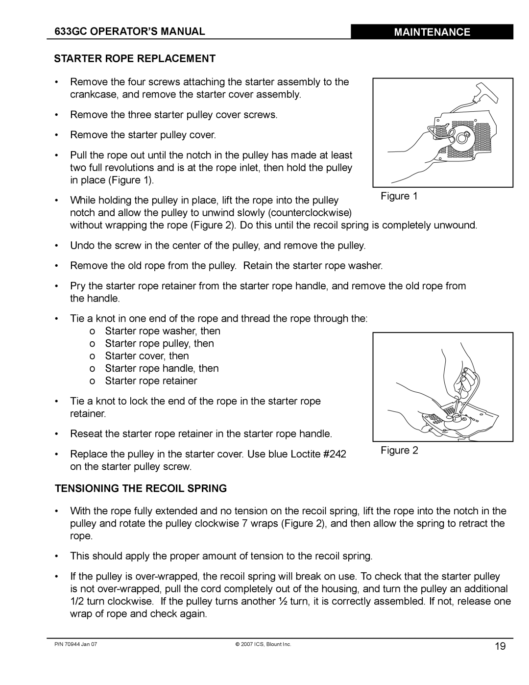 Blount 633GC manual Starter Rope Replacement, Tensioning the Recoil Spring 