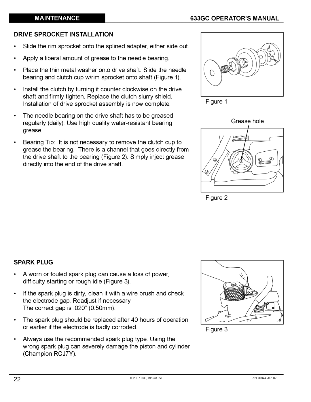 Blount 633GC manual Drive Sprocket Installation, Spark Plug 