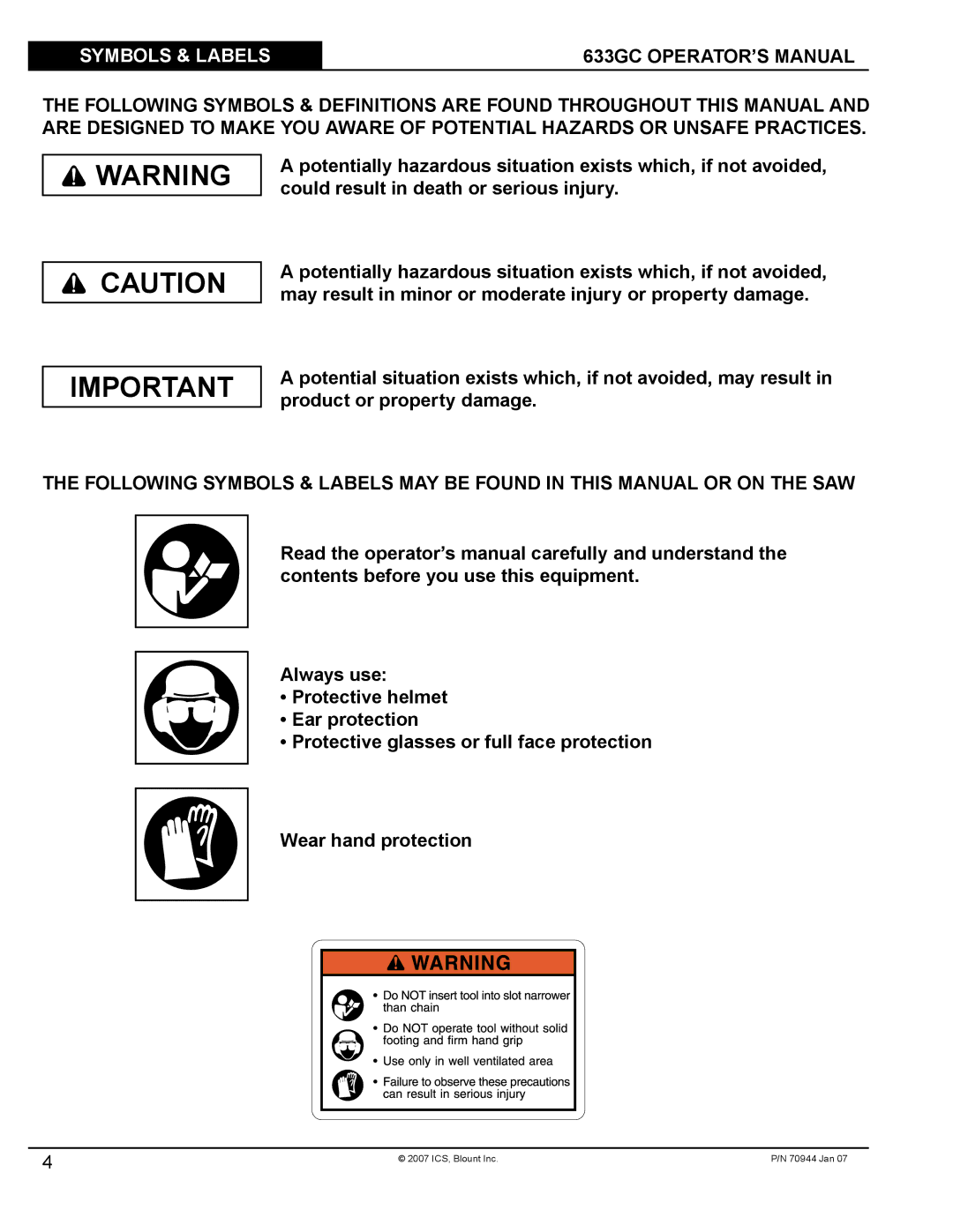 Blount manual Symbols & Labels 633GC OPERATOR’S Manual 