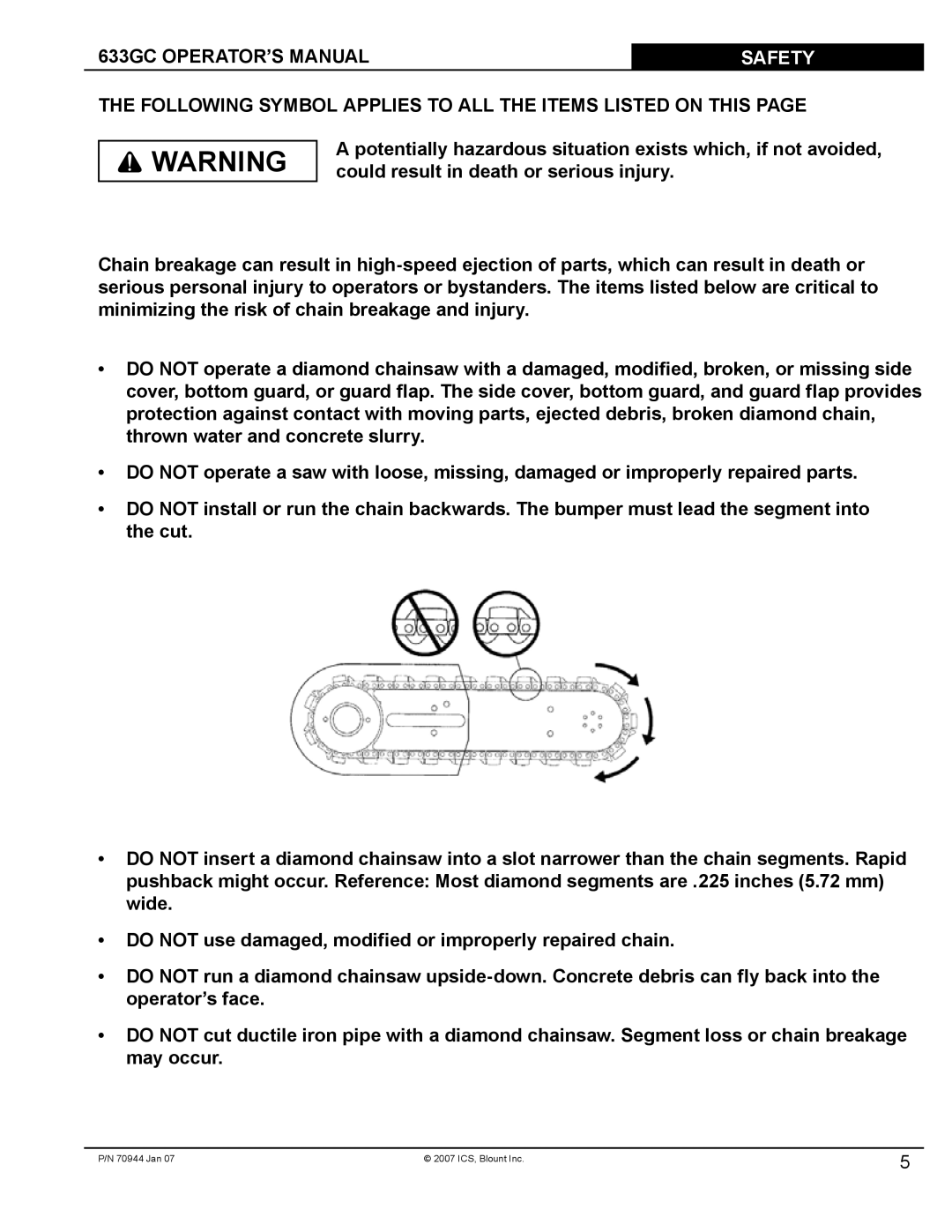 Blount manual 633GC OPERATOR’S Manual, Safety, Following Symbol Applies to ALL the Items Listed on this 