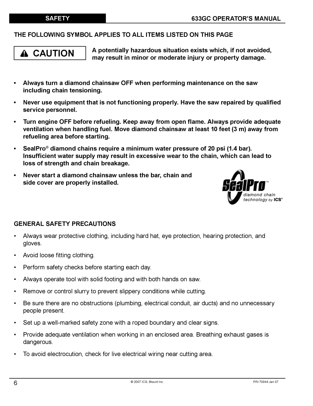 Blount Safety 633GC OPERATOR’S Manual, Following Symbol Applies to ALL Items Listed on this, General Safety Precautions 