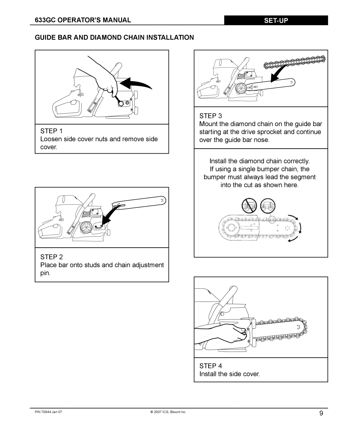 Blount 633GC manual Set-Up, Guide BAR and Diamond Chain Installation 