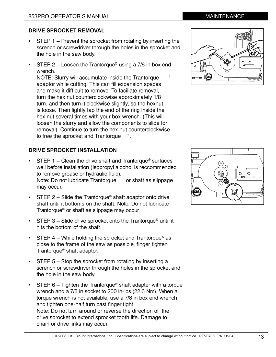 Blount manual 853PRO OPERATOR’S Manual Drive Sprocket Removal, Drive Sprocket Installation 