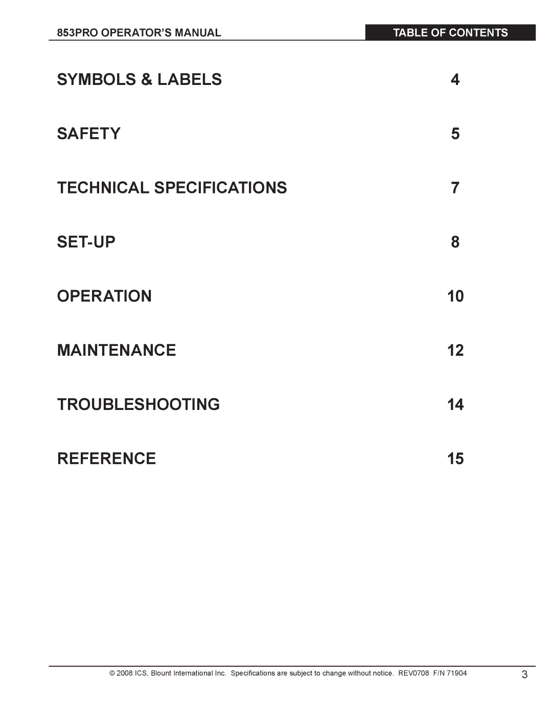 Blount manual 853PRO OPERATOR’S Manual, Table of Contents 