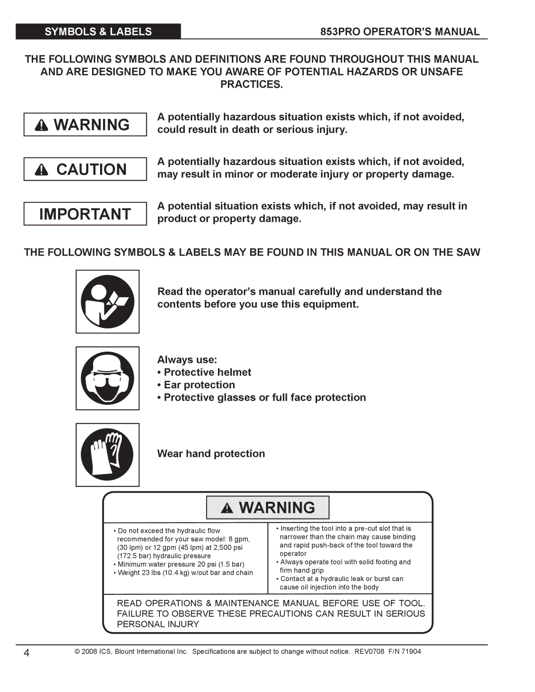 Blount manual Symbols & Labels 853PRO OPERATOR’S Manual 