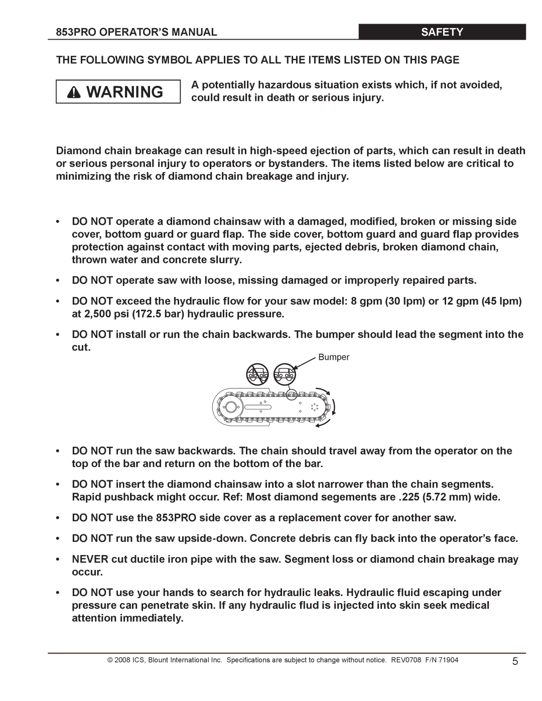 Blount 853PRO manual Safety, Following Symbol Applies to ALL the Items Listed on this 