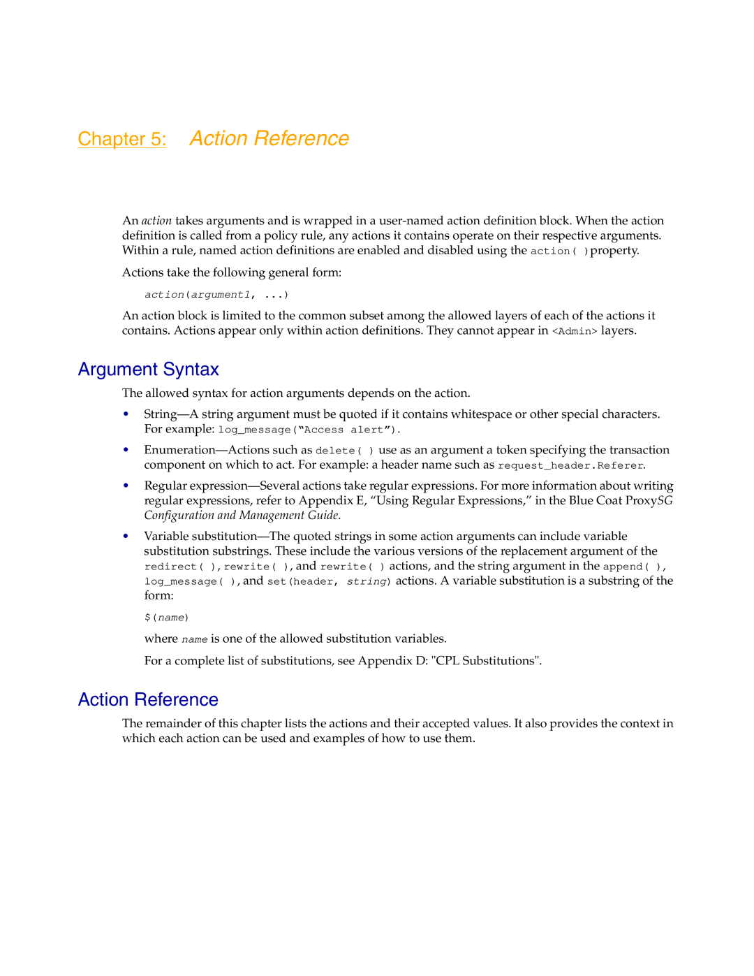 Blue Coat Systems Proxy SG manual Argument Syntax, Action Reference 