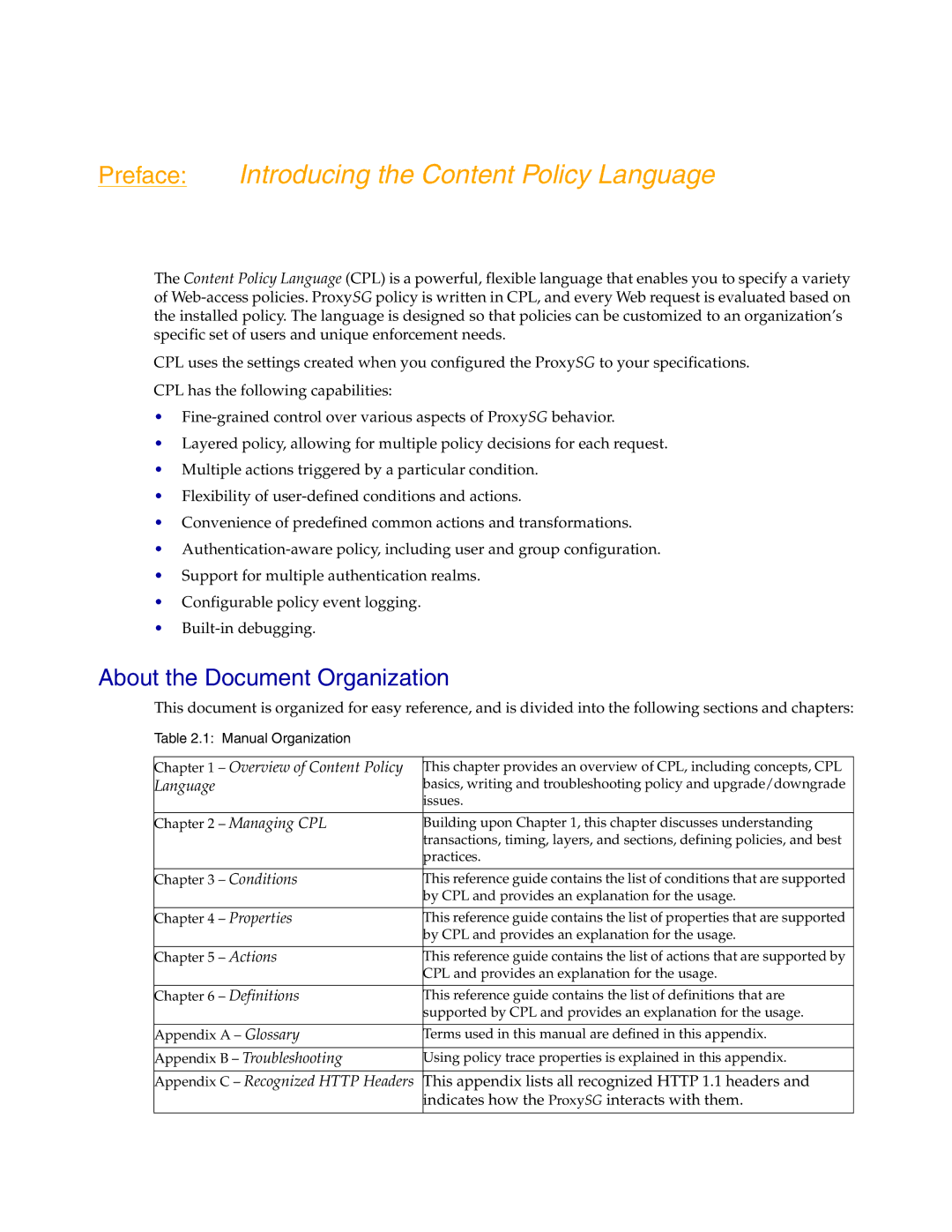 Blue Coat Systems Proxy SG manual Preface Introducing the Content Policy Language, About the Document Organization 