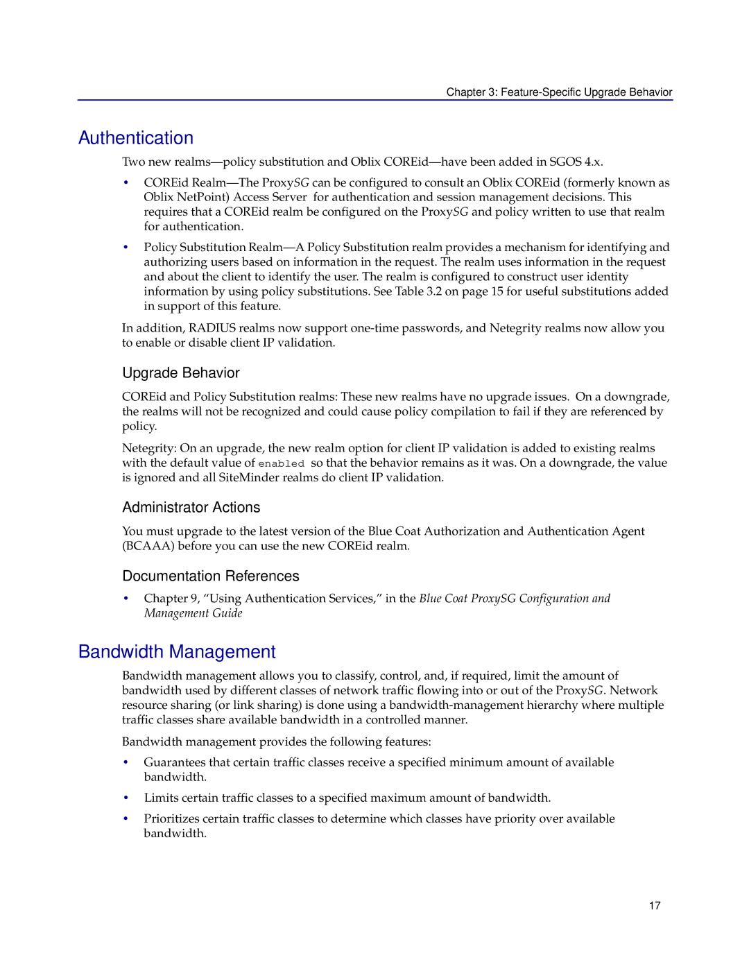 Blue Coat Systems SGOS 4.x manual Authentication, Bandwidth Management, Administrator Actions 