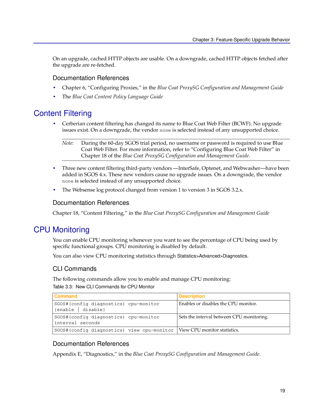 Blue Coat Systems SGOS 4.x manual Content Filtering, CPU Monitoring, CLI Commands, Command Description 