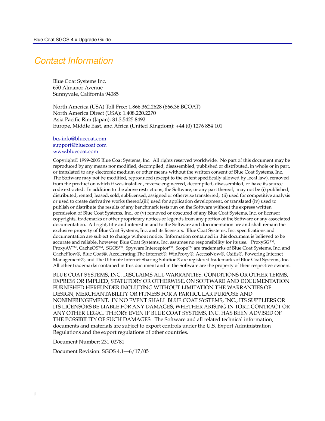 Blue Coat Systems SGOS 4.x manual Contact Information 