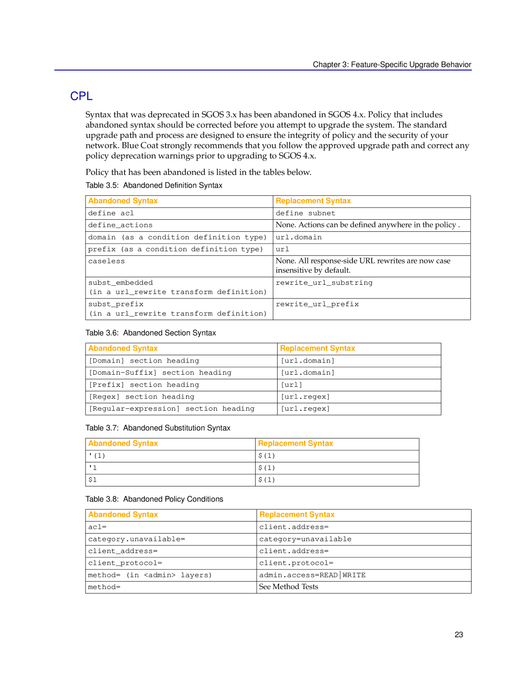 Blue Coat Systems SGOS 4.x manual Cpl, Abandoned Syntax Replacement Syntax 