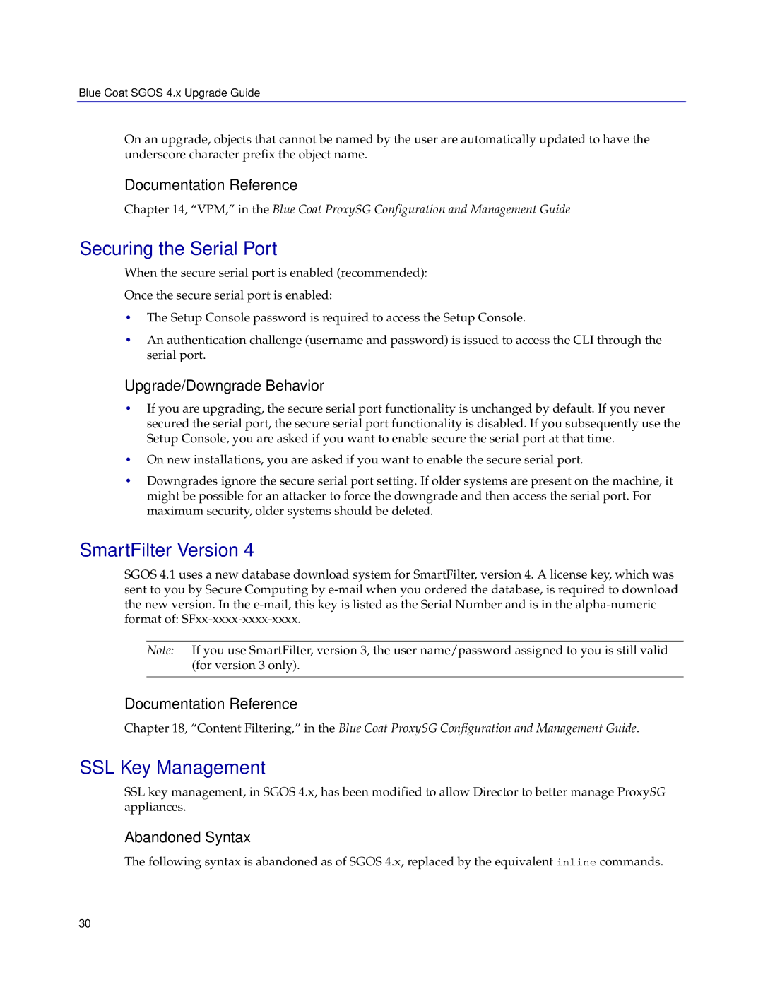 Blue Coat Systems SGOS 4.x Securing the Serial Port, SmartFilter Version, SSL Key Management, Documentation Reference 