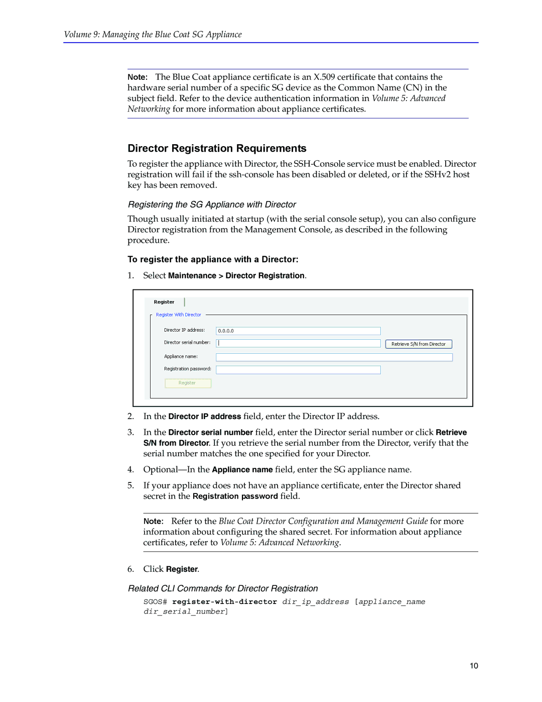 Blue Coat Systems SGOS Version 5.2.2 manual Director Registration Requirements, Registering the SG Appliance with Director 