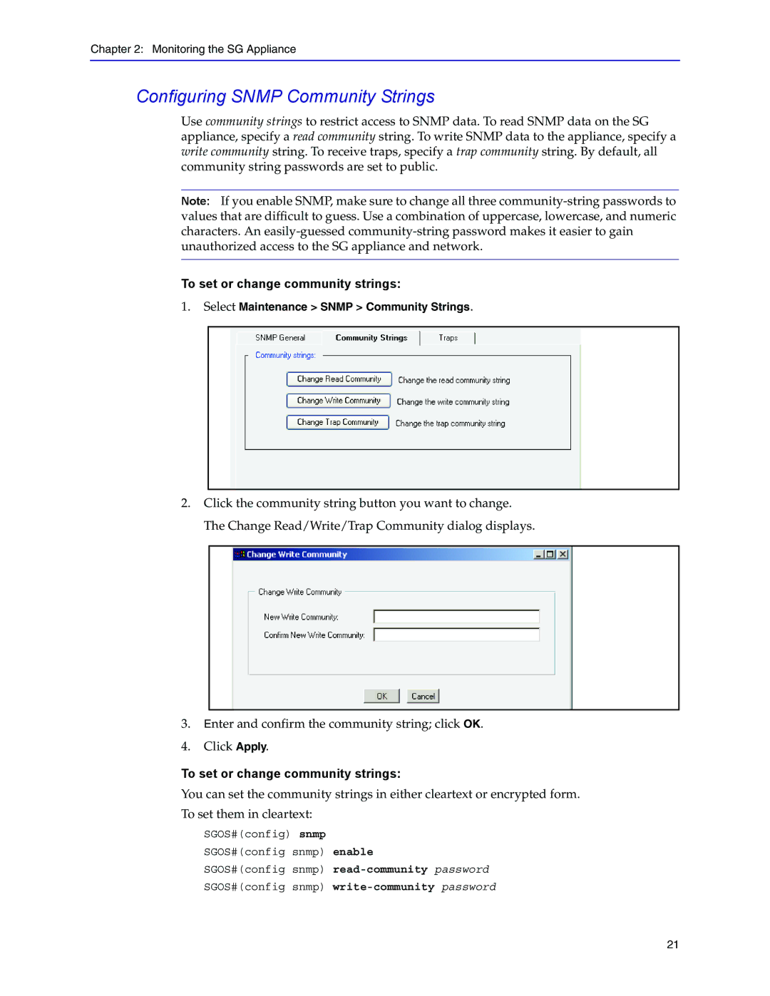 Blue Coat Systems Blue Coat Systems SG Appliance Configuring Snmp Community Strings, To set or change community strings 