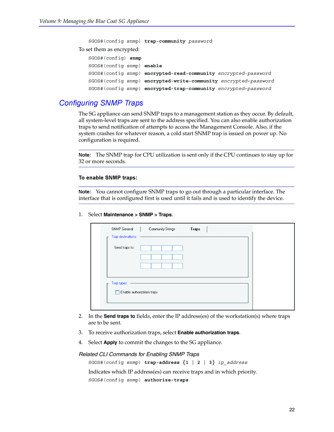 Blue Coat Systems SGOS Version 5.2.2, Blue Coat Systems SG Appliance manual Configuring Snmp Traps, To enable Snmp traps 