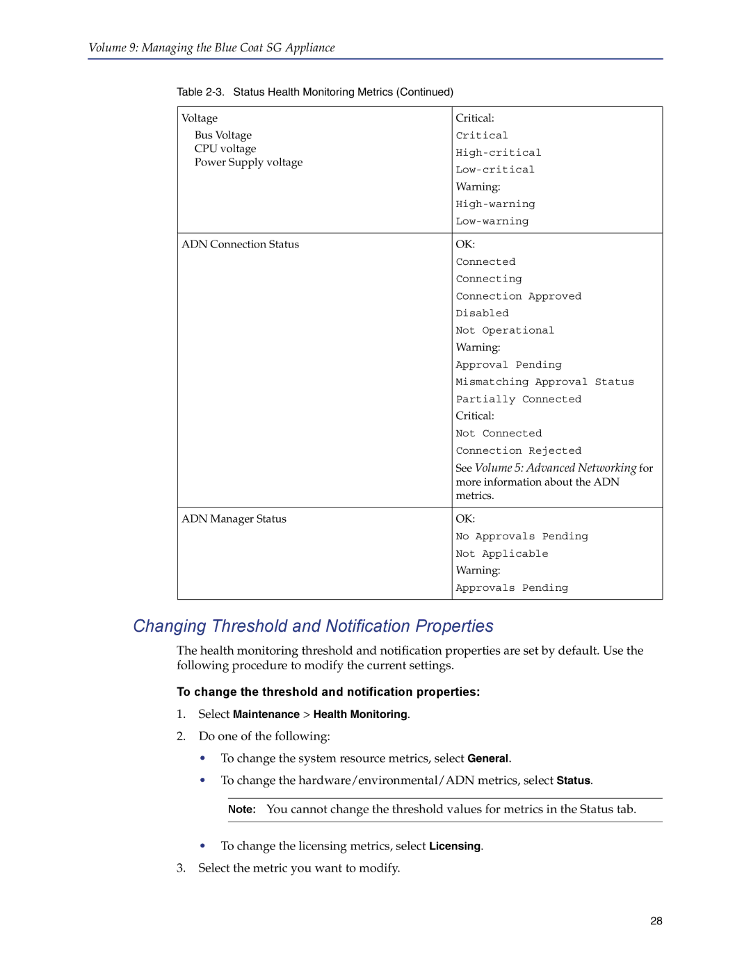 Blue Coat Systems SGOS Version 5.2.2, Blue Coat Systems SG Appliance manual Changing Threshold and Notification Properties 