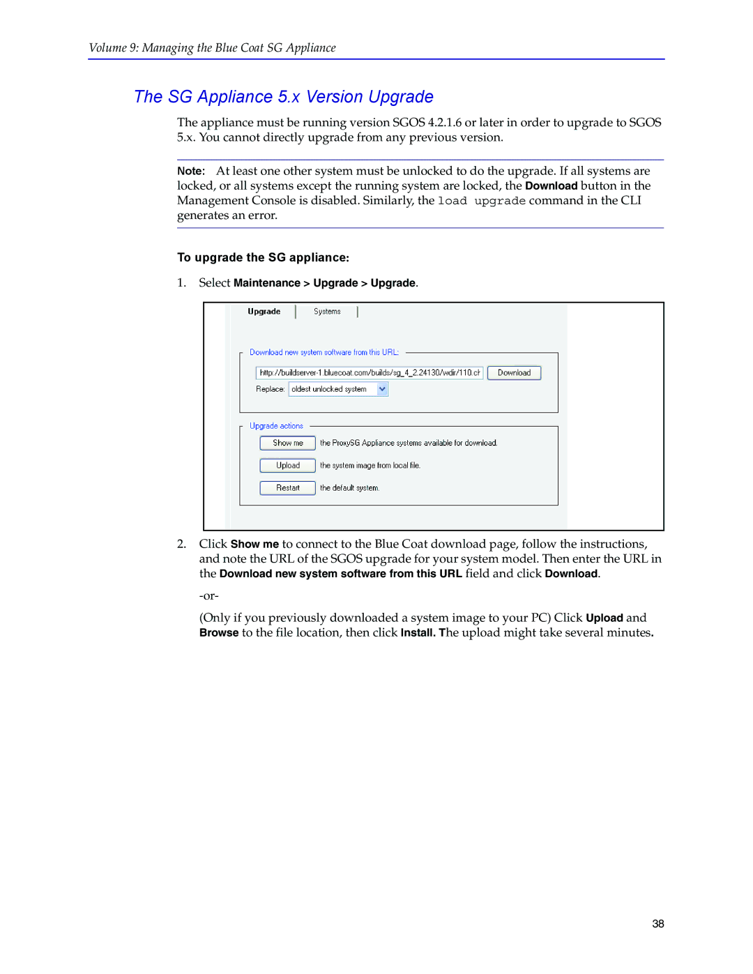 Blue Coat Systems SGOS Version 5.2.2 manual SG Appliance 5.x Version Upgrade, To upgrade the SG appliance 