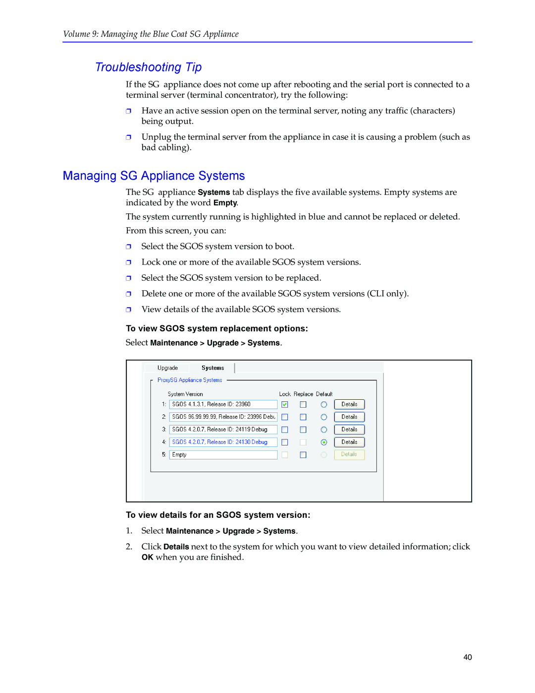 Blue Coat Systems SGOS Version 5.2.2 manual Managing SG Appliance Systems, To view Sgos system replacement options 