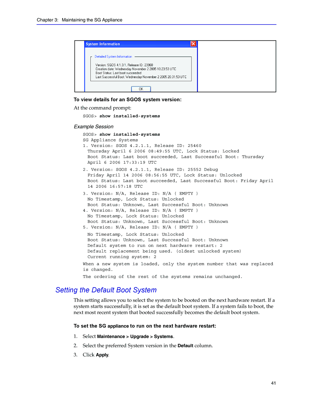 Blue Coat Systems Blue Coat Systems SG Appliance, SGOS Version 5.2.2 manual Setting the Default Boot System, Example Session 