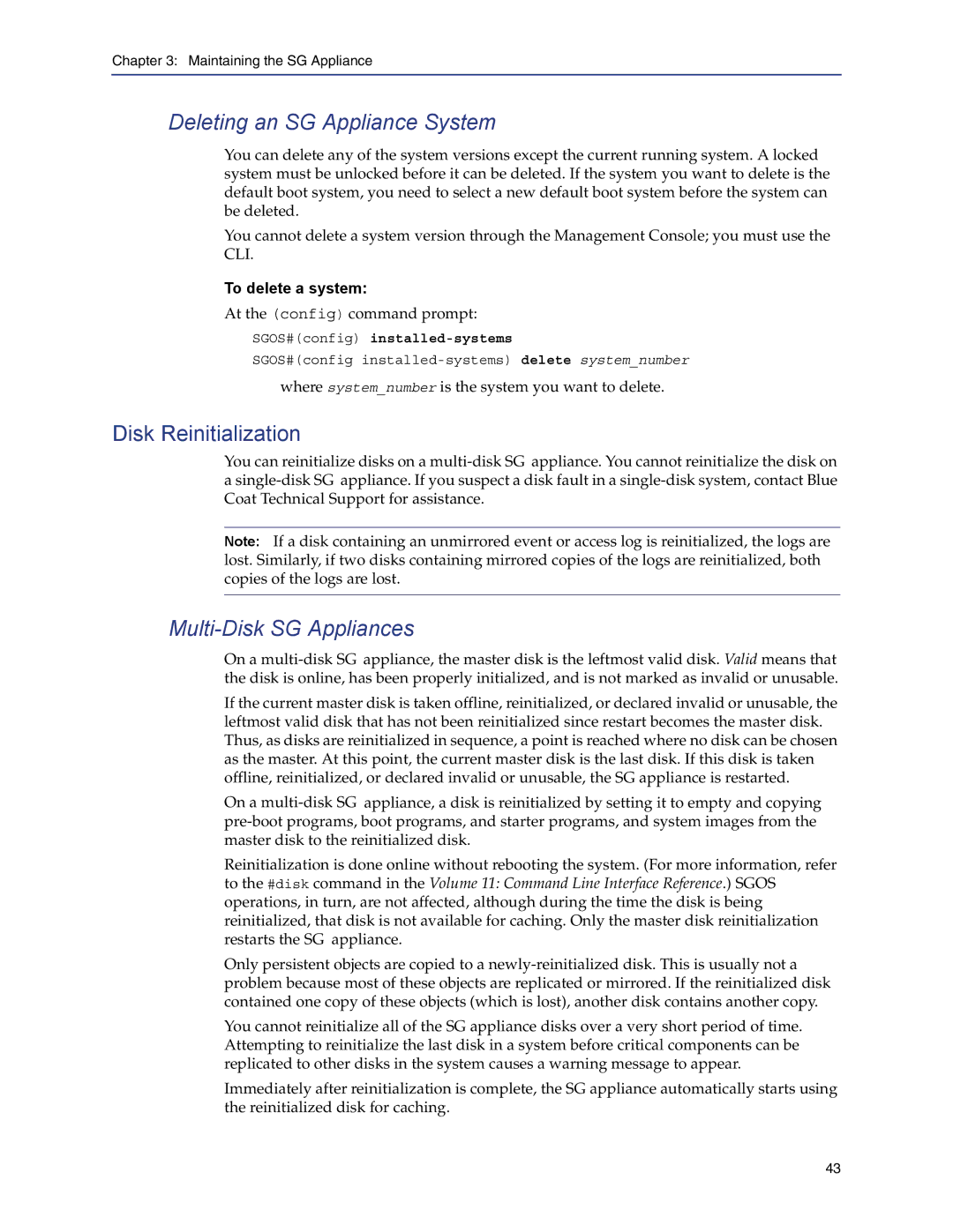 Blue Coat Systems Blue Coat Systems SG Appliance manual Deleting an SG Appliance System, Disk Reinitialization 